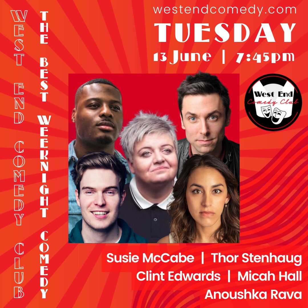 Tonight! Would you take a look at this lovely lineup 😍 Outside too hot to handle? We’ve got you covered with our perfectly air conditioned venue 🪭

LINEUP:

🌟 Susie McCabe
🌟 Thor Stenhaug
🌟 Micah Hall
🌟 Anoushka Rava 
🌟 Clint Edwards MC

Tickets 🎟 
westendcomedy.co.uk/shows/susie-mc…