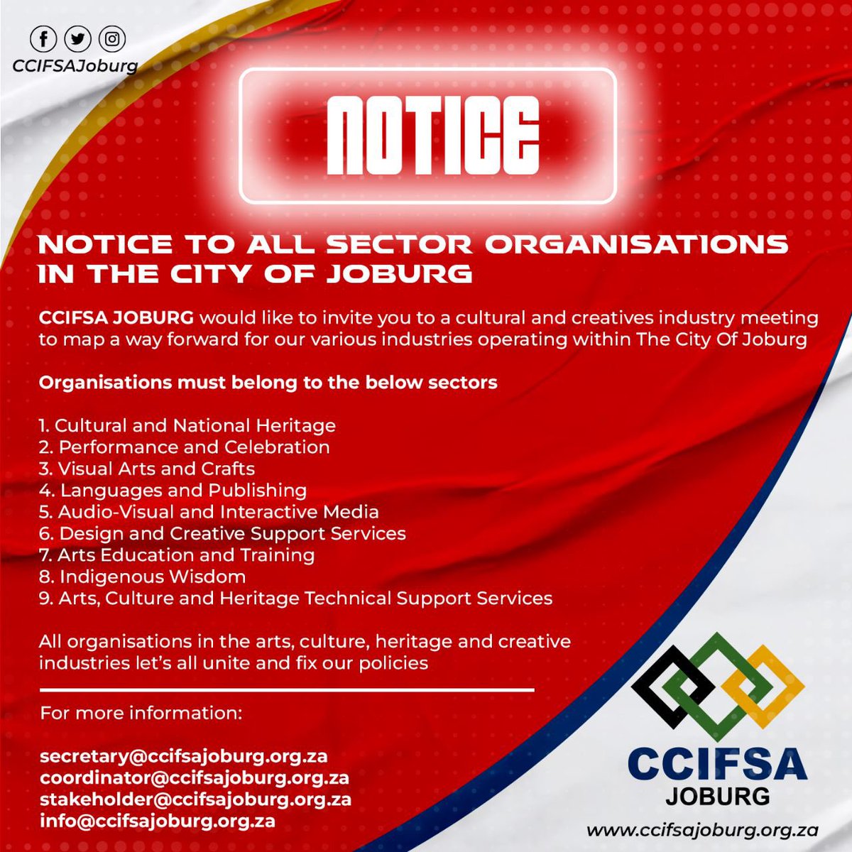 CCIFSAJoburg's tweet photo. Calling all #Joburg creatives! 🗣️Join us for the creative and cultural industry meeting hosted by @ccifsajoburg! Meet with likeminded professionals and network in a friendly setting- RSVP details on the poster. 🤩 #ccifsajoburg #ccifsajoburgchairperson https://t.co/Cc0y2LOIbp