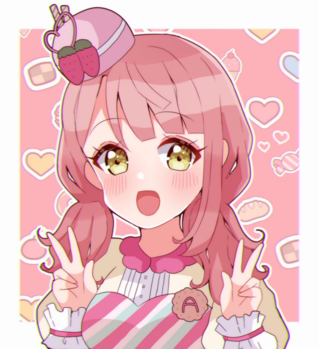 1girl solo food twintails yellow eyes pink hair bangs  illustration images