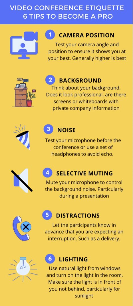 #Infographic: Video Conference Etiquette: 6 Tips To Become A Pro!

#VideoConference #RemoteWork #Tips #VirtualMeeting #Zoom #Telecommuting #Webinar #WorkFromHome #HybridWorkplace #AVTech #DigitalCommunication

cc: @rAVePubs @TierPM @AVMag @antgrasso @Ronald_vanLoon @lindagrass0