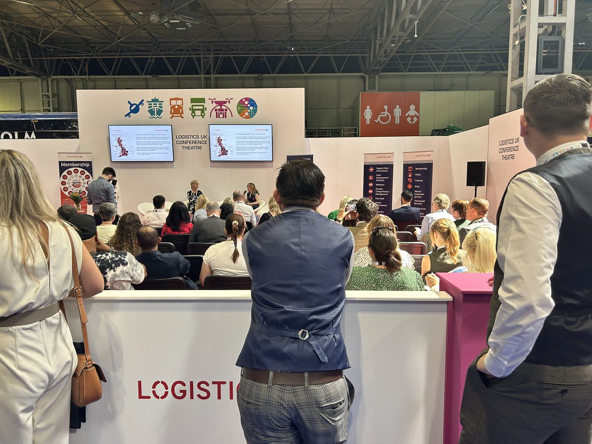 multimodal's tweet image. Packed Logistics UK conference theatre as visitors learn about the 2023 Report #multimodal2023 #logisticsuk