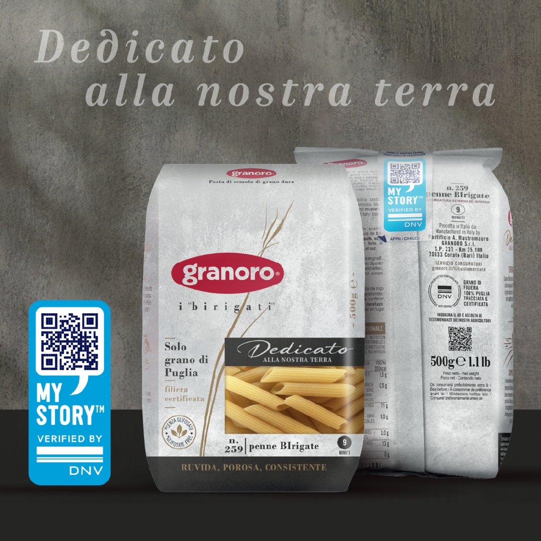Inquadra il QR Code sui nostri #pack e parti per il viaggio alla scoperta del nostro grano: sarà breve, brevissimo. Con #MyStory™ di #DNV, ente terzo che certifica la veridicità di dati e informazioni, puoi veriificare ogni passaggio di produzione del tuo pack di pasta.