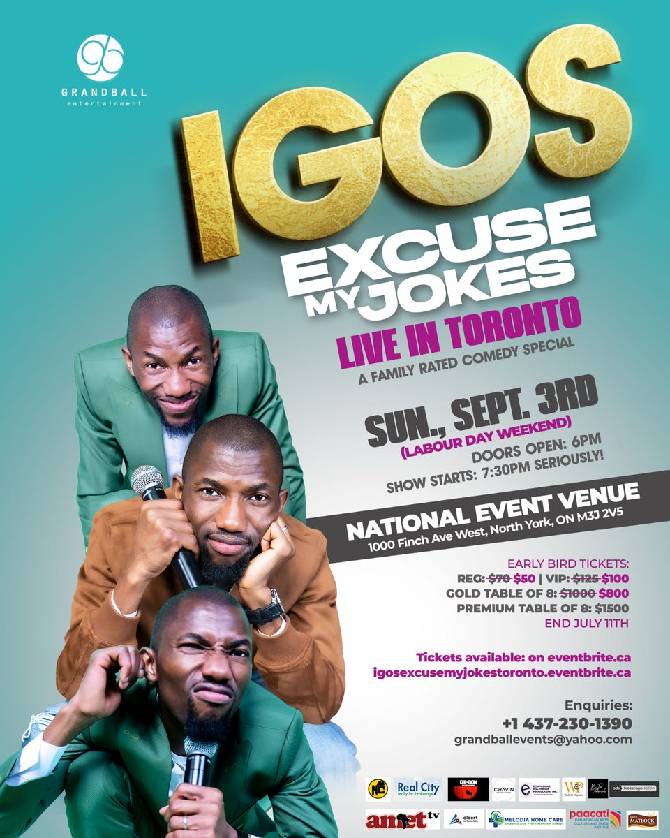 Hello!
Limited early bird tickets now available for #IGOS #ExcuseMyJokes Live in Toronto 

#Sunday, Sept 3rd (Labor day weekend)

Click link below or in bio to get your tickets, or call 437-230-1390 for bulk or table tickets delivery.

…osexcusemyjokestoronto.eventbrite.com