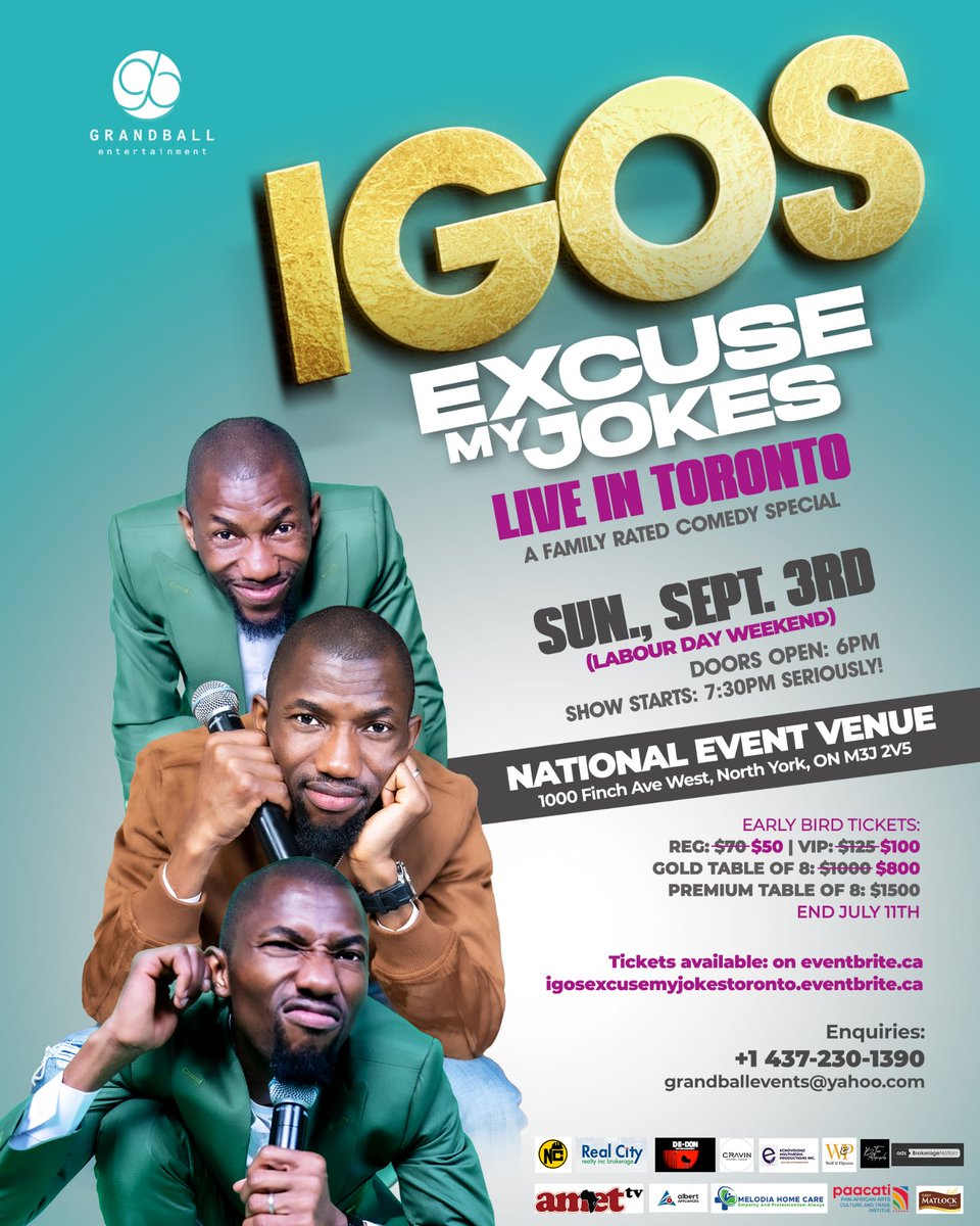 Hello! Limited early bird tickets now available for #IGOS #ExcuseMyJokes Live in Toronto #Sunday, Sept 3rd (Labor day weekend) Click link below or in bio to get your tickets, or call 437-230-1390 for bulk or table tickets delivery. …osexcusemyjokestoronto.eventbrite.com