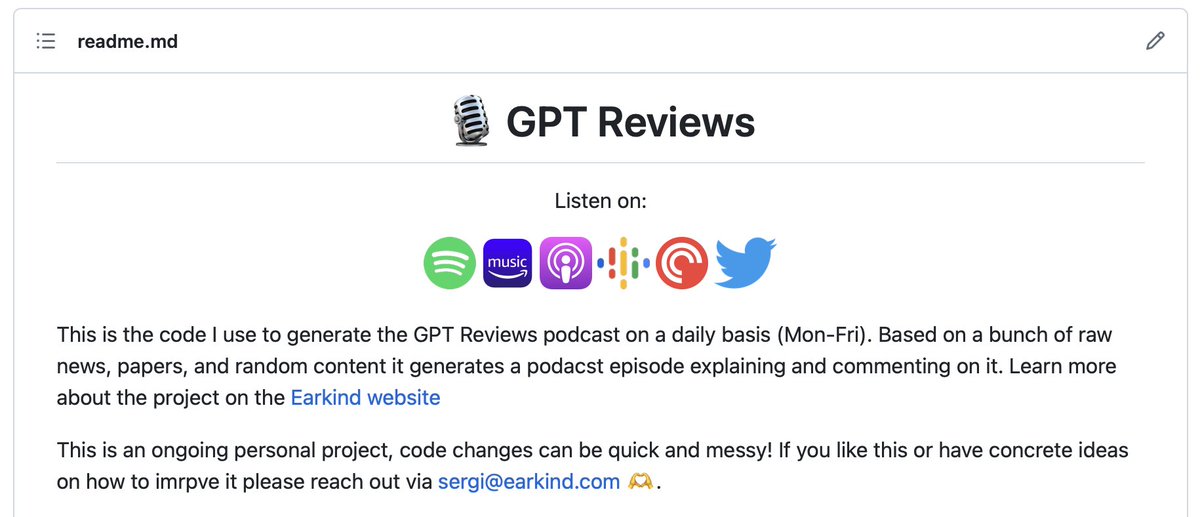 A month ago I started a daily AI-generated podcast: "GPT Reviews", and I just made the code public🎉

❓ Check out how episodes are generated, make your own episodes, fork, geek out yourself😬

github.com/sergicastellas…