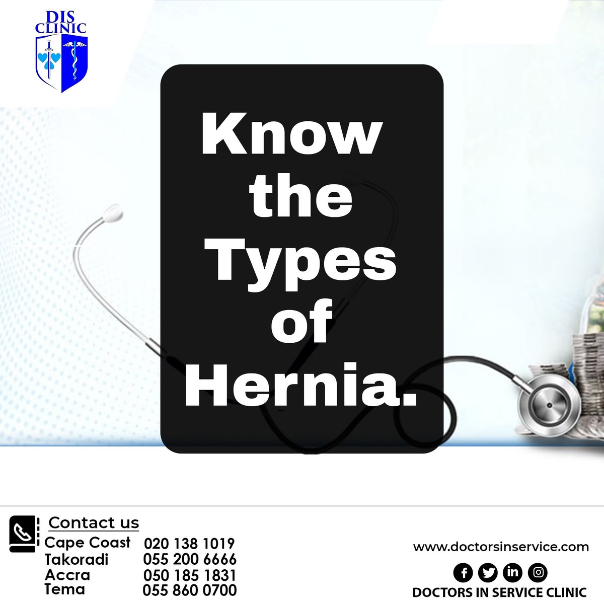 🔍 Know the Types of Hernias 🔍 Hernias can occur in various parts of the body. Some common types include:
📍inguinal hernias (groin area)
📍 femoral hernias (upper thigh)
 #disclinic #HerniaAwarenessMonth
1/3