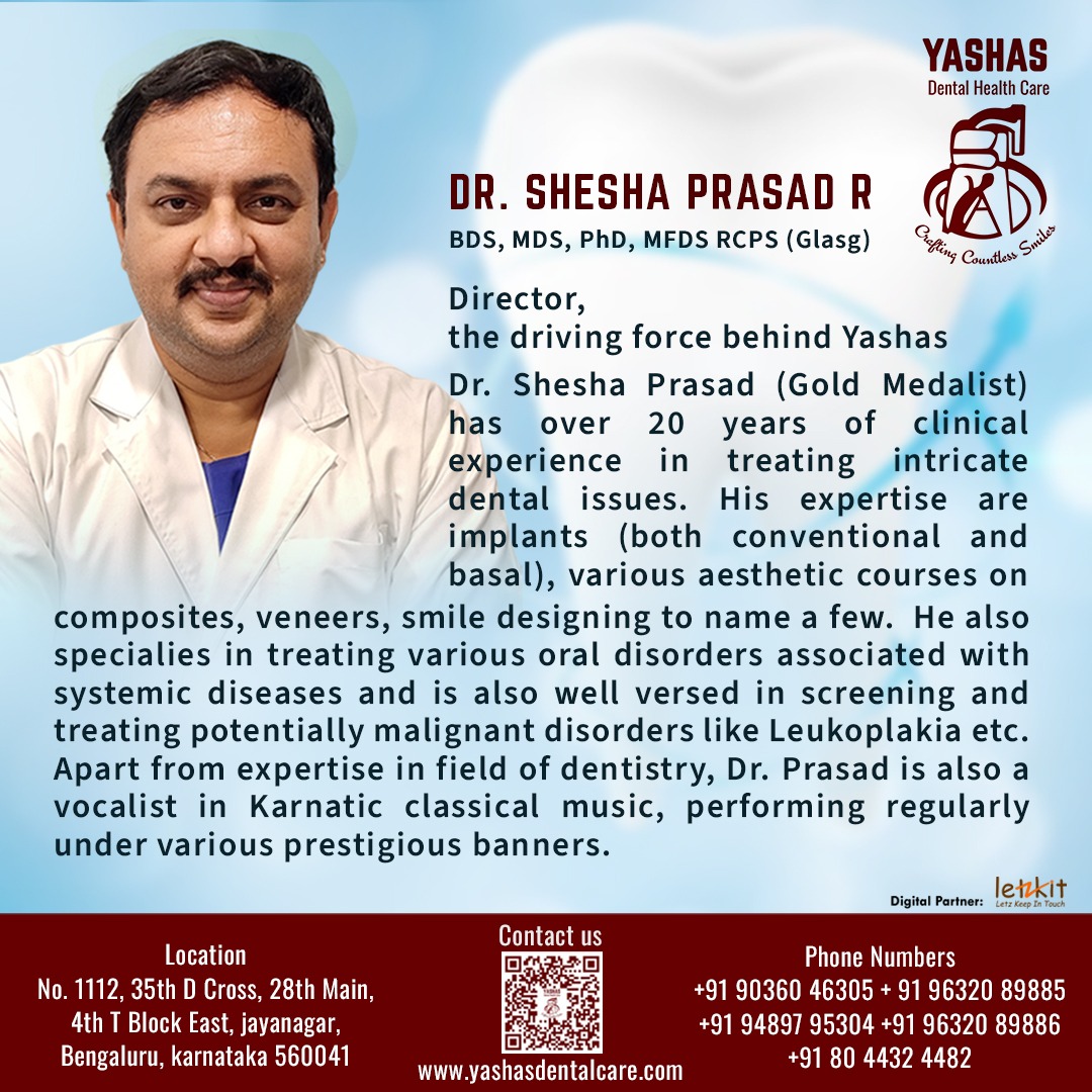 Dr. Shesha Prasad, the driving force behind Yashas...

#yashasdental #yashasdentalclinic #drsheshaprasad #bangaloredental #dentalhealth #jayanagar #letzkit