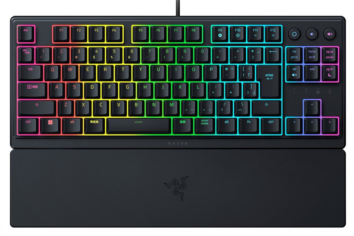 tskn's tweet photo. RAZER ORNATA V3 TENKEYLESS
これ欲しい。
①薄型 RGB テンキーレス
②メカ・メンブレン キーボードつまり、そこまでカチカチうるさくなくてコンパクト。音量調節ボタンがある点がいい。税込11,990円 https://t.co/84ab5QLDmh