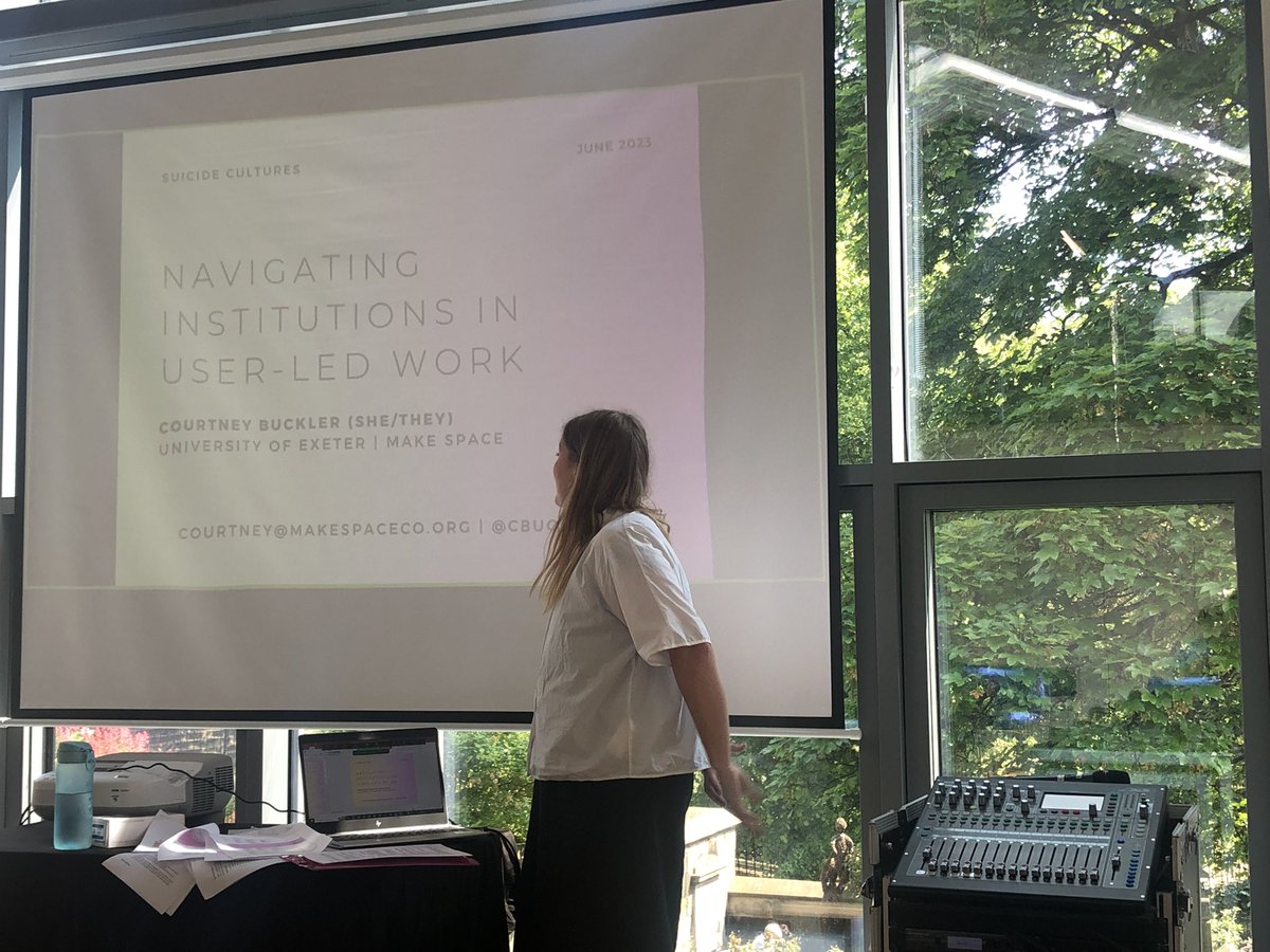 Always a huge delight to hear from my wonderful colleague @cbuckler_, talking about intentional institutional capture in the context of both their fantastic research into guidelines for care around depression as well as our shared work at @makespace_co #suicidectures23