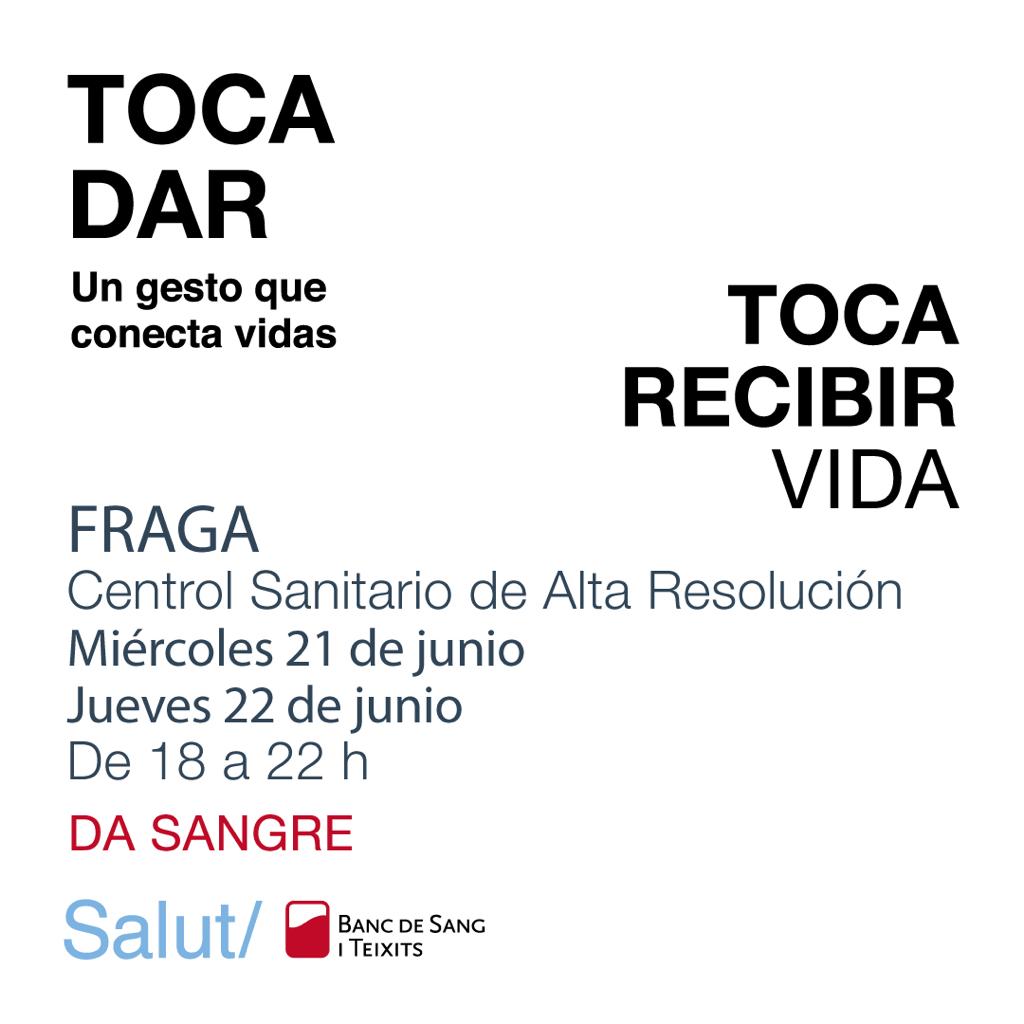 Si quieres donar sangre, apúntate las fechas para la próxima semana 👇 📅 21 y 22 de junio 📌 Centro Sanitario de Fraga ⌚️ 18h a 22h #Fraga #DonaSangre #DonaVida @donarsang