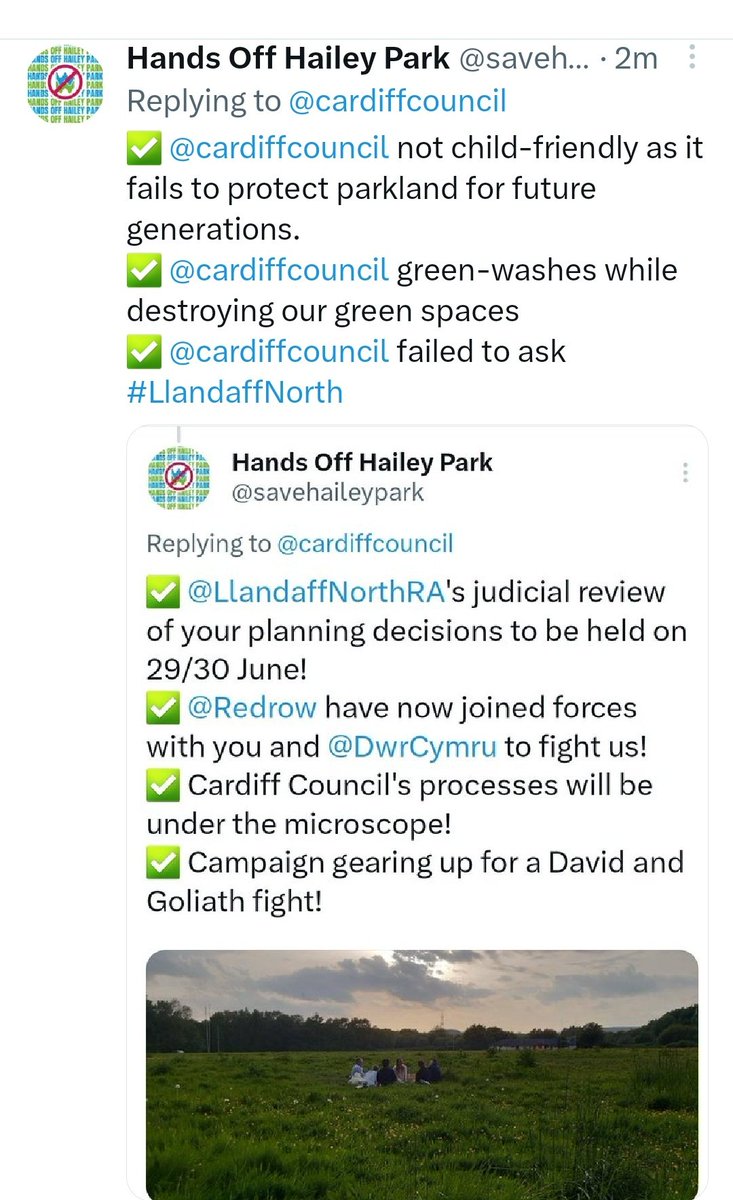 You seem content to build a sewage pumping station on Hailey Park, which is on a flood pain, despite our concerns! We have a Judicial Review of your planning decisions to pump sewage from posh .<a href="/plasdwr/">Plasdŵr</a> to poorer #LlandaffNorth. 
#Savehaileypark #CardiffCouncilJudicialReview