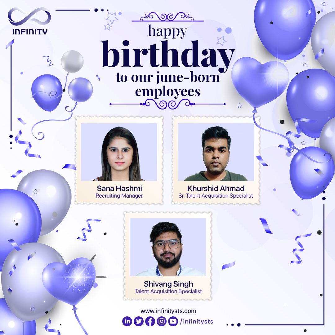 InfinitySTS's tweet photo. Happy Birthday to our awesome team members born in June!
May this year bring you all the happiness and success you deserve. πππ
#infinity #infinitians #infinitysts #juneborn #workingatinfinity #birthdayatinfinity #happybirthday #officebirthday #employeebirthday https://t.co/6gGl32TsTa