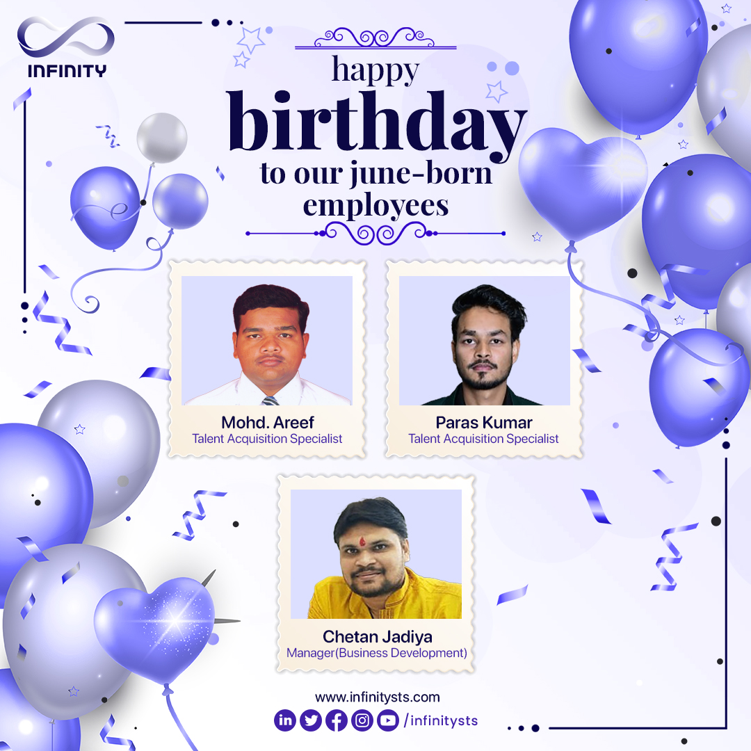InfinitySTS's tweet photo. Happy Birthday to our awesome team members born in June!
May this year bring you all the happiness and success you deserve. πππ
#infinity #infinitians #infinitysts #juneborn #workingatinfinity #birthdayatinfinity #happybirthday #officebirthday #employeebirthday https://t.co/6gGl32TsTa