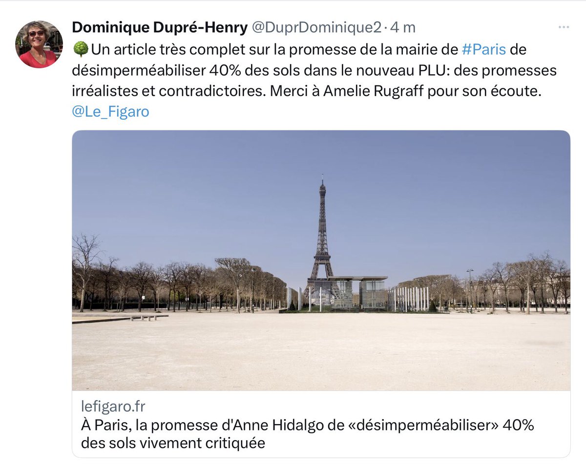 DuprDominique2's tweet image. 🌳👇Désimperméabiliser les sols de manière quantitative ne signifie pas créer des #jardins ni des espaces de #nature. Il ne suffit pas de débitumer, il faut surtout préserver les #parcs existants, créer des espaces #plantés de qualité et les entretenir !
lefigaro.fr/actualite-fran…