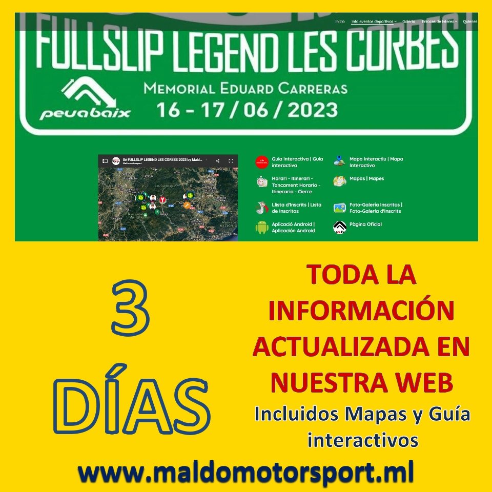 maldomotorsport's tweet photo. 💥 8è FULLSLIP LEGEND LES CORBES 2023 💥
📢 3 DÍAS
💢 Toda la ℹ️ información en nuestra 🌐 web, incluidos 🗺️ mapas y guía interactivos
🌐 https://t.co/3FLQhTFTc8
➡️ https://t.co/LyDs3FmCaT

#motorsport #maldomotorsport #mapas #interactivos #busca #rally #fullslip #legend #corbes https://t.co/cFUtj3MM9k