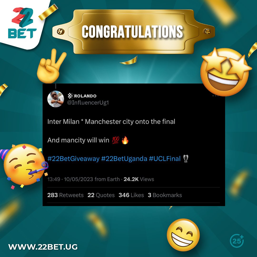 🥳Congratulations to our winner of the S23 from the 22Bet Smartphone📱 Giveaway🎁

🎉🎊@InfluencerUg1 from Twitter had the right prediction with the most engagements.

#22BetUganda #22BetGiveaway #UCLfinal