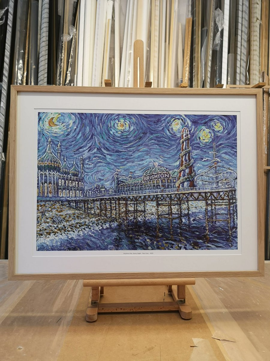 UniqueArtsUK's tweet image. Elevate your art collection with @the_pauly Van Gogh-inspired print of &quot;Starry Night&quot; featuring the Brighton Pier, beautifully showcased in a handmade white wooden frame by our experts at @uniqueartsuk 
#ArtFraming #CustomFrames #PictureFraming #PreserveYourArt #PaulyThePainter