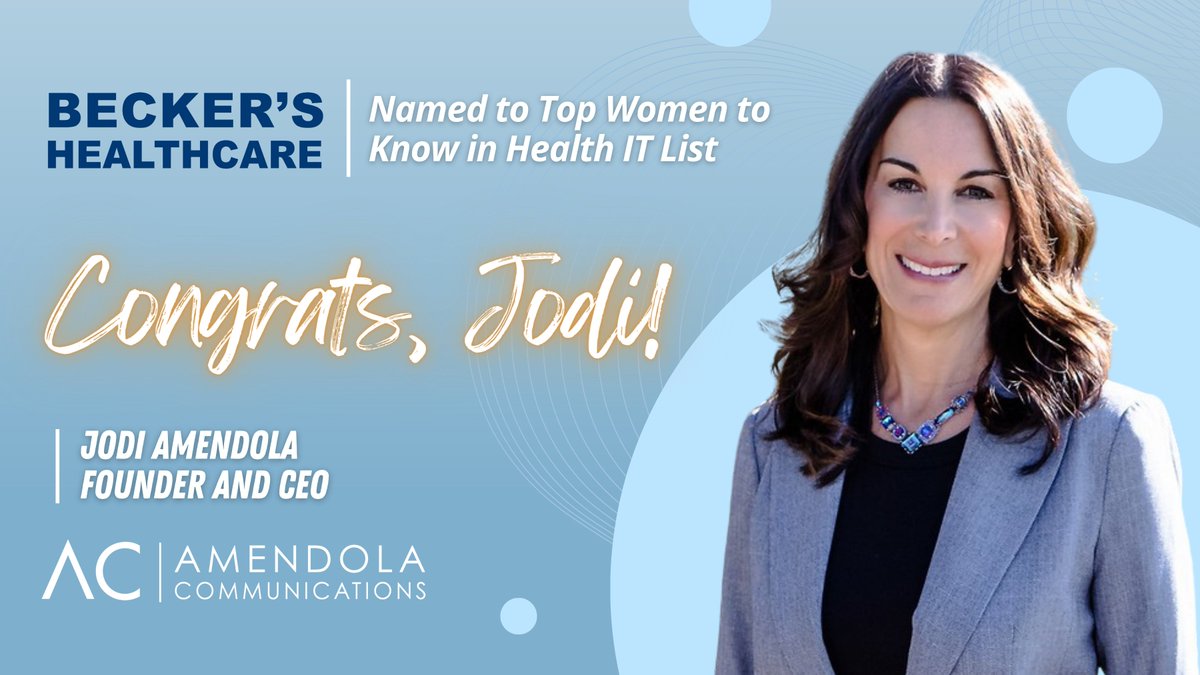 🎉Congratulations to our very own <a href="/jamendola/">Jodi Amendola</a> for being named as one of <a href="/BeckersHR/">Becker's Hospital Review</a> Top Women to Know in Health IT! 🙌

Read more from Becker's: bit.ly/3WWlhwI | #PublicRelations #Healthcare #HealthTech #LifeSciences #WomenInHIT #TopWomen #HITLikeAGirl