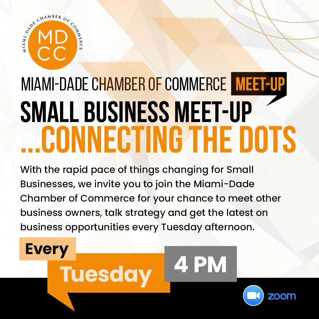 Happening today.
Our Small Business Meet-Up is at 4 pm. Expand your network!
Please register for this event through our website.

Zoom: m-dcc.org/events.

#MDCC
#SmallBusiness
#MeetUp