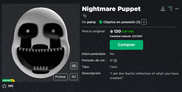 EC_RBX_NDR's tweet photo. Nightmarionne
 
LimitedU

Link:
https://t.co/Vvnw9bMXIT

#FNAF #Roblox #RobloxUGC #UGC https://t.co/H3XozqLUHj