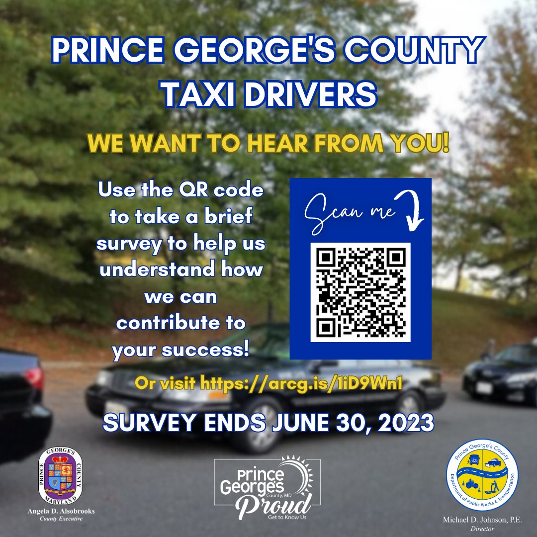 We want to hear from you! If you are a #PrinceGeorgesCounty Taxi Driver, scan the QR Code or click the link below to take the survey today. 

🔗ow.ly/W2WM50ON7Xf