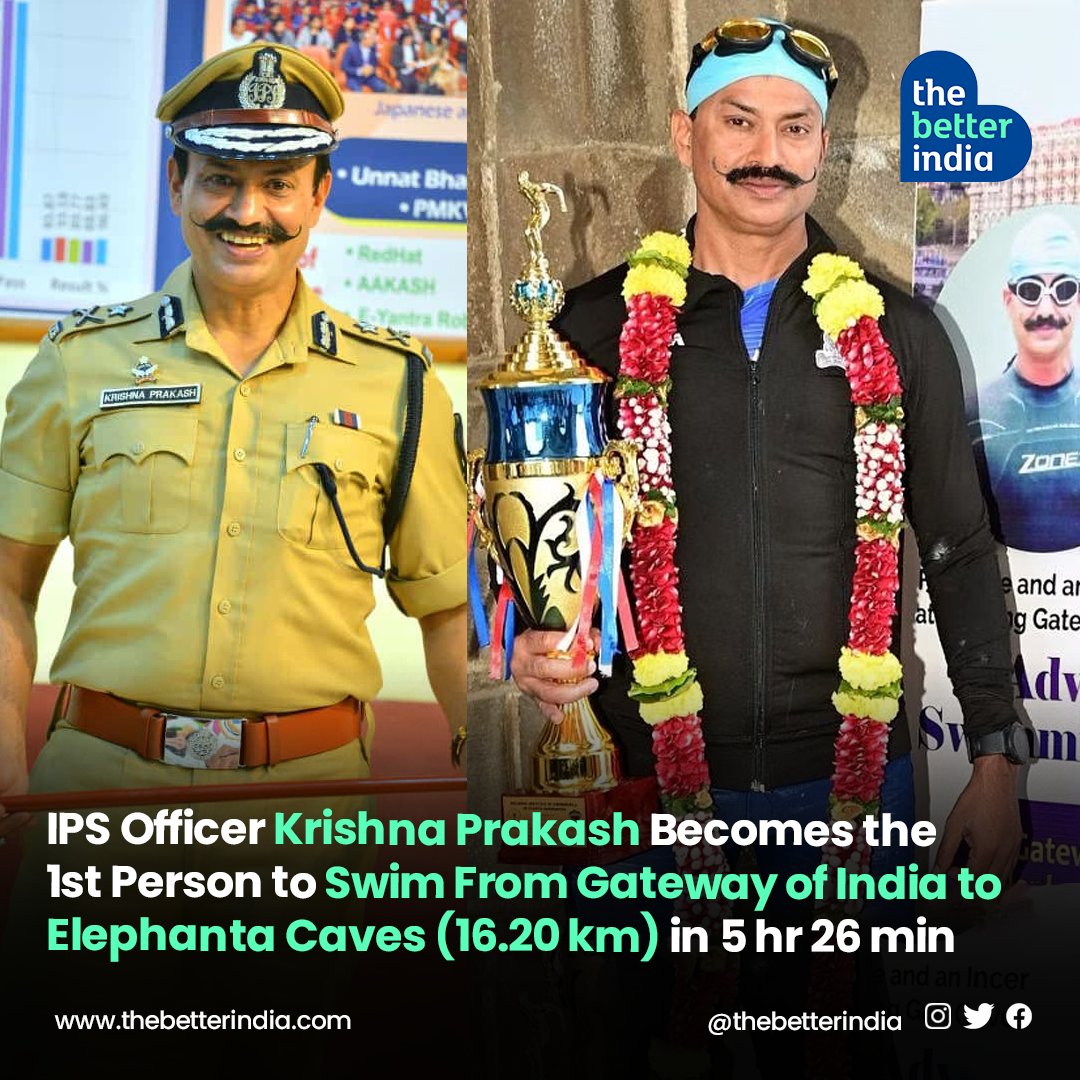 thebetterindia's tweet image. &quot;Build strong health, build a strong nation&quot; is the message that #IPSKrishnaPrakash gave as he completed the daunting task of swimming from the #GatewayofIndia to #ElephantaCaves in the Arabian Sea. 

#Proud #Record #IndianAthlete #Swimmer #MumbaiPolice