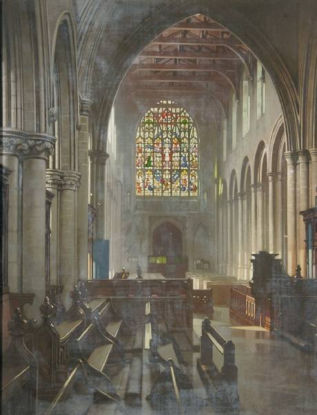 Today’s #OnlineArtExchange by <a href="/artukdotorg/">Art UK</a>  is all about interiors.

This oil painting by King’s Lynn artist Walter Dexter shows the interior of St Margaret’s Church, now <a href="/KingsLynnMinstr/">King's Lynn Minster</a> . The painter captured the view towards the colourful west window. 🤩