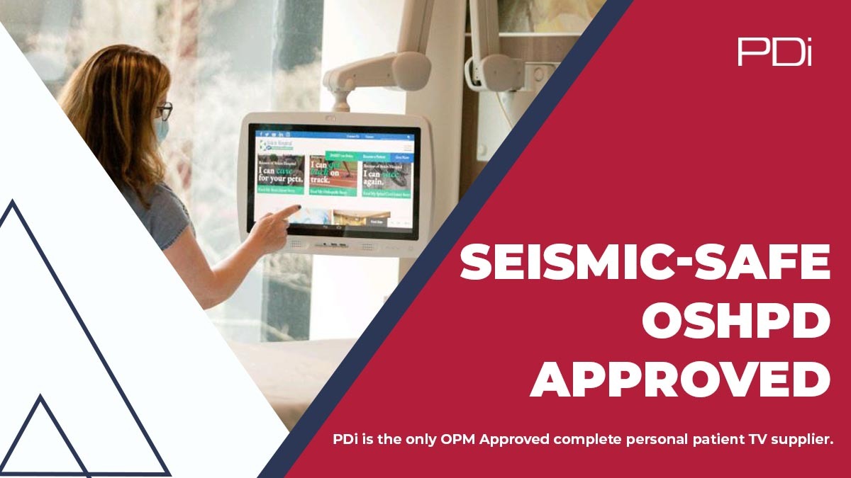 PDi is the ONLY manufacturer of OPM-approved arm-mounted patient TVs. Our durable systems are designed to withstand earthquakes, protecting #patientsafety. Learn more: hubs.ly/Q01SgrJT0

#OSHPD #seismicdesign #healthcarefacilities #NSM #safetyfirst #PDifference