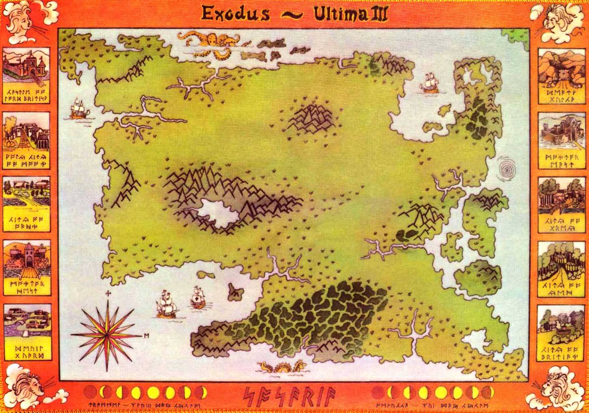 MustafaYurtsev7's tweet image. Cloth map of Sosaria included with Ultima III: Exodus, Origin Systems (1983), drawn by Helen Garriott, mother of Richard Garriott/Lord British 

@RichardGarriott #OriginSystems #ultima