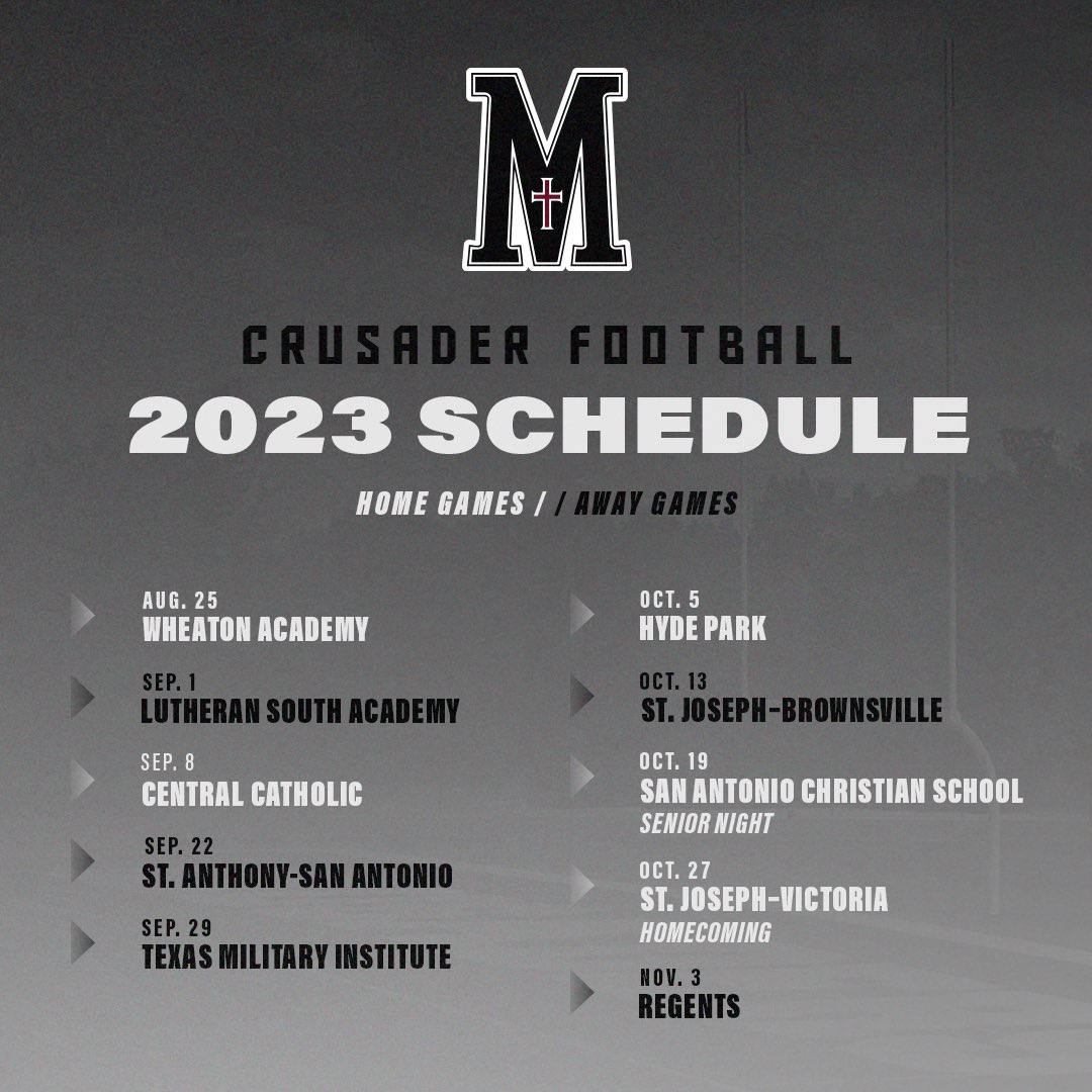 FOOTBALL SCHEDULE UPDATE 🏈

The originally scheduled Friday, October 20 game is now Thursday, October 19.

#smcaathletics #crusadernation