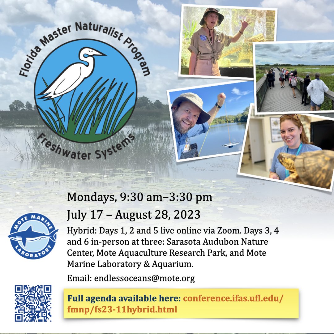 Lifelong Learning at Mote – #FMNP Freshwater Systems Module
Mondays, 9:30 am–3:30 pm, July 17 – August 28, 2023
Registration closes at Noon on July 13, 2023
conference.ifas.ufl.edu/fmnp/fs23-11hy…