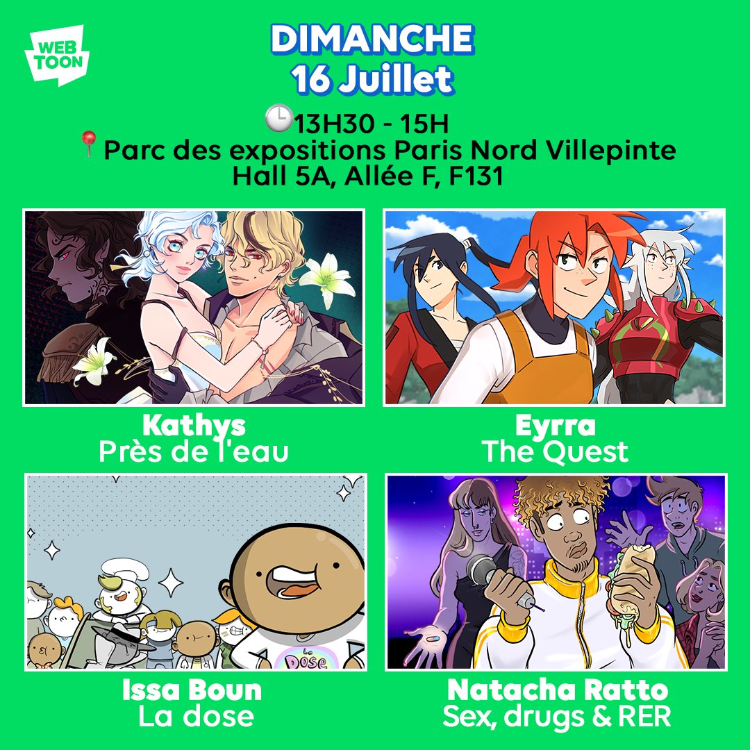 webtoonfrance's tweet photo. Voici le planning des rencontres et dédicaces avec les créateurs WEBTOON pour la Japan Expo 🎉 Les créateurs vous attendent les 13, 15 et 16 juillet ! Alors, vous venez nous voir ?  Stay tuned pour plus de surprises...💕  

#JapanExpo #WEBTOON https://t.co/LDjiw9bfPY