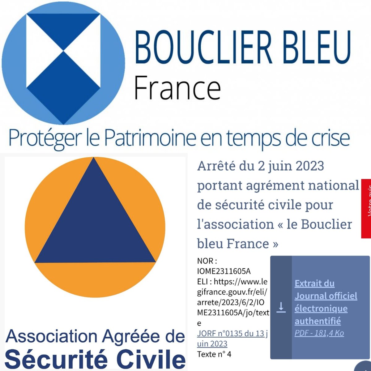 🚨🎉 C'est grand un jour pour le <a href="/BouclierBleu/">Bouclier bleu France</a> puisque notre association vient d'avoir l'agrément sécurité civile pour participer à des opérations de secours à l'échelon national.  👏😊

legifrance.gouv.fr/jorf/id/JORFTE…