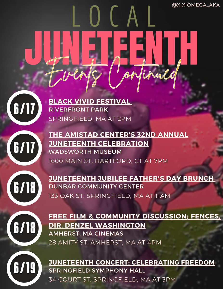 Celebrate #Juneteenth with these local events in Springfield and the surrounding areas! We’ll see you there 🎉❤️🖤💚 #alphakappaalpha #aka1908 #xixiomegaaka #springfieldma #springfieldevents #events