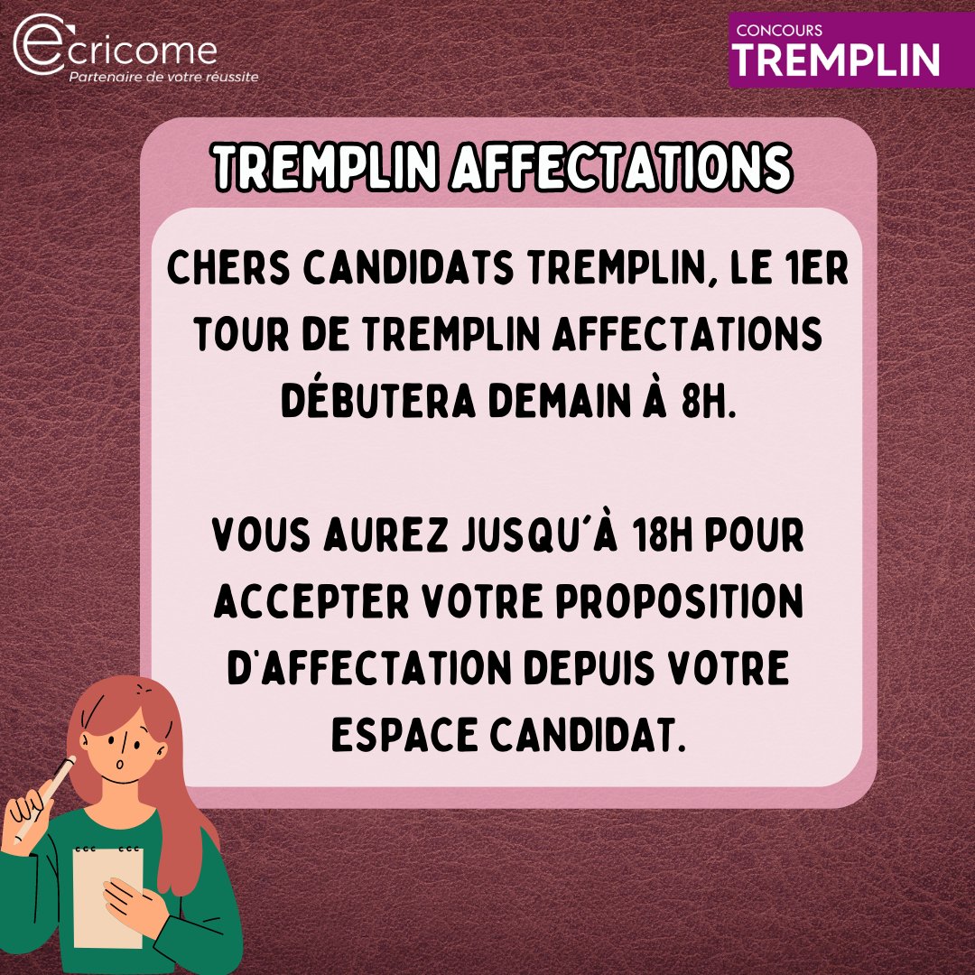 🔴 Candidats TREMPLIN : Le 1er tour de TREMPLIN AFFECTATIONS débutera demain à 8h. Vous pourrez consulter vos propositions d'affection depuis votre ESPACE CANDIDAT et vous aurez jusqu'à 18h pour accepter une proposition !

Pour en savoir plus : shorturl.at/ckno8