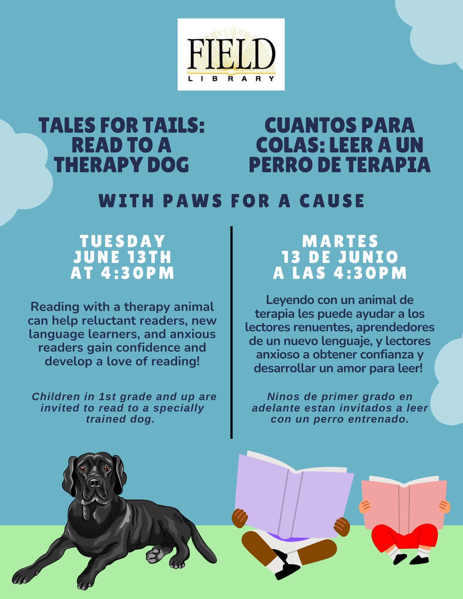 TheFieldLibrary's tweet image. Join us this afternoon in the Children's Room for Tales for Tails! You'll be able to read to Duke the Dog - he loves listening to stories!