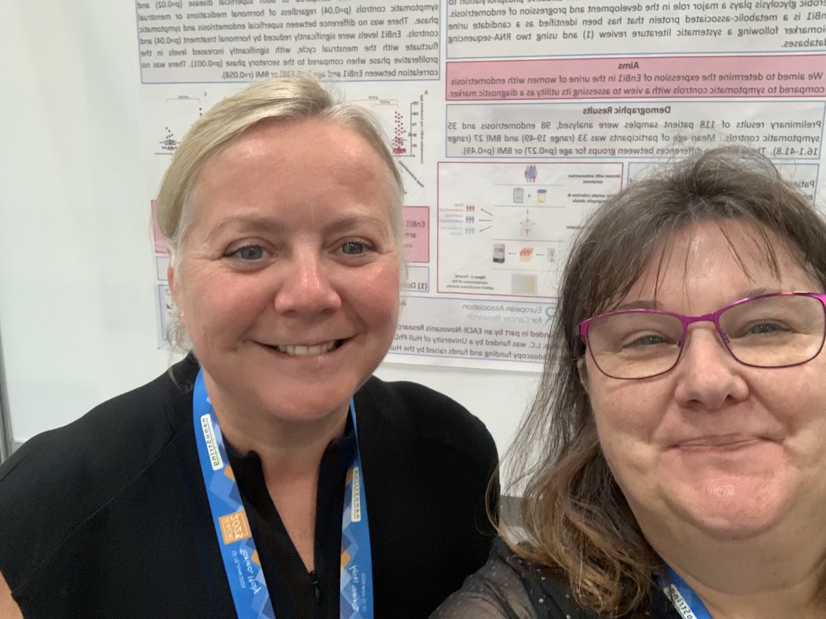 GuinnLab's tweet photo. @fraoch0791 and @BarbaraGuinn1 at #EACR2023 enjoying the poster session. It’s a great conference and lots of interest in urine biomarkers for early diagnosis of #endometriosis. And always lovely to spend time with my friends from ⁦@Novosanis⁩ #colli-pee #biomarkers  #Turin https://t.co/vihvttLpow