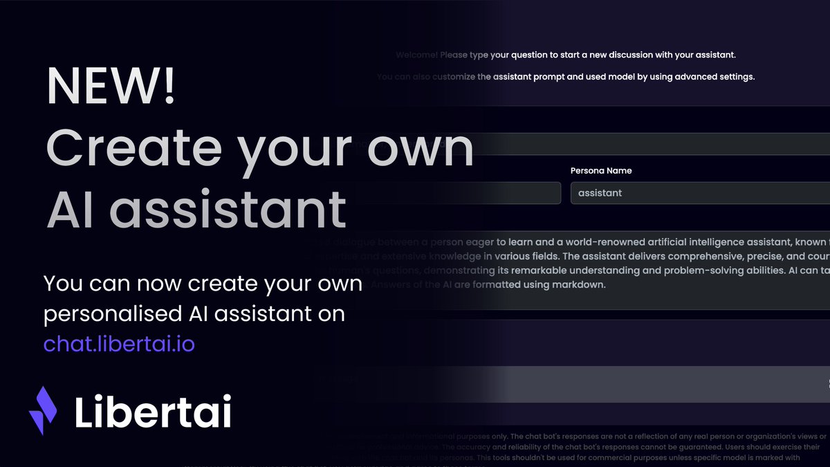 Libertai_DAI's tweet image. In our recent update we added a fantastic new fun tool to allow you to create you&apos;re very own #AI assistant personas.

Simply switch to the assistant menu to access it!