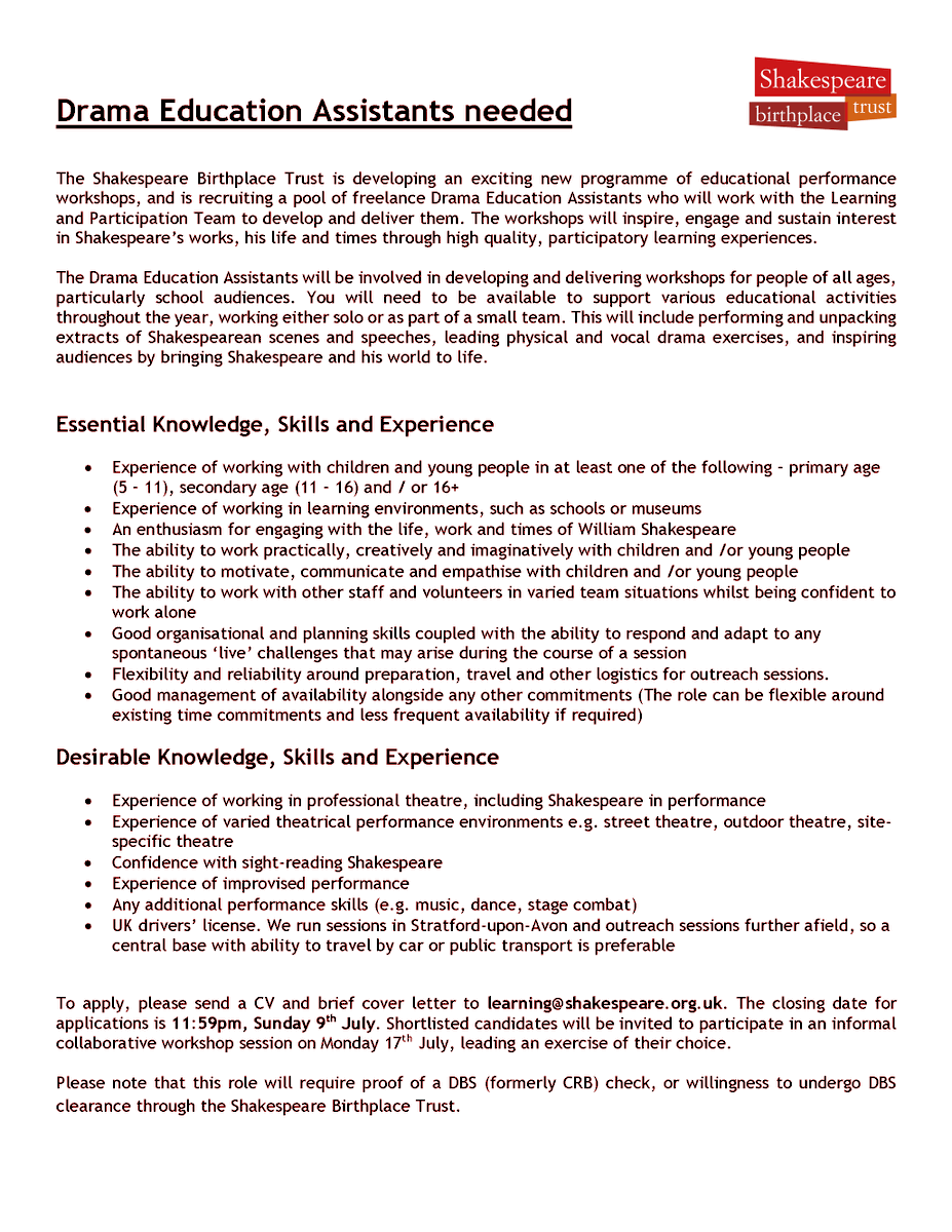 Jen Waghorn (@fiddlersjig) on Twitter photo JOB KLAXON - Drama Education Assistants needed!
The <a href="/SBTeducation/">SBT Education</a> team at <a href="/ShakespeareBT/">Shakespeare B Trust</a> is expanding its pool of freelance actors/education practitioners for performance workshops.
Please apply, or share with anyone who might be interested! Contact me for more info. JOB KLAXON - Drama Education Assistants needed!
The <a href="/SBTeducation/">SBT Education</a> team at <a href="/ShakespeareBT/">Shakespeare B Trust</a> is expanding its pool of freelance actors/education practitioners for performance workshops.
Please apply, or share with anyone who might be interested! Contact me for more info.