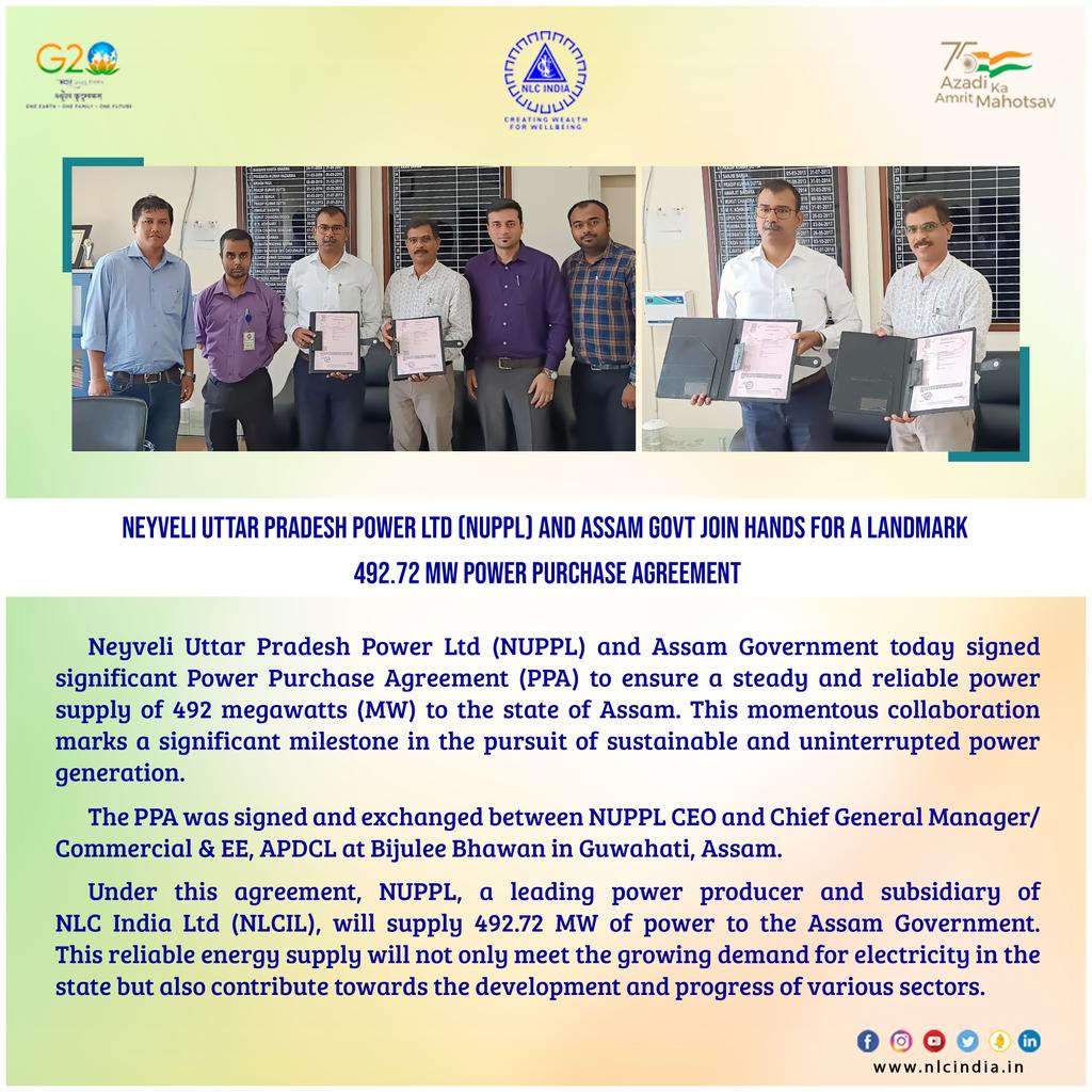 nlcindialimited's tweet photo. Neyveli Uttar Pradesh Power Ltd (NUPPL) and Assam Govt Join Hands For a Landmark 492.72 MW Power Purchase Agreement
#PowerPartnership  #SustainableEnergy #NUPPL #NLCIndialtd #PoweringAssam   #AssamDevelopment https://t.co/a7SJ4r7POK