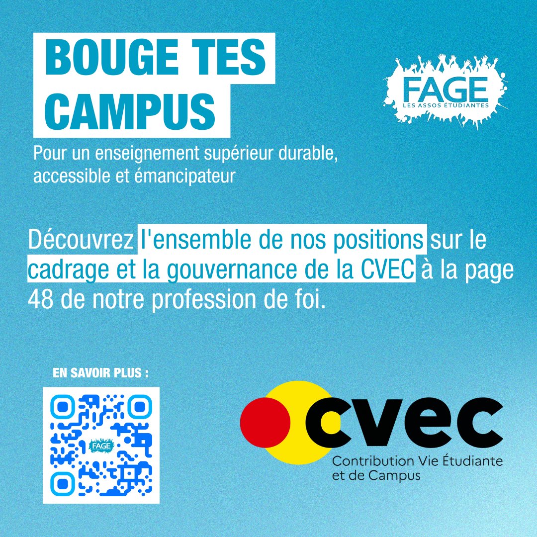 #CNESER

La #CVEC atteindra cette année la somme de 100€.

<a href="/La_FAGE/">FAGE</a> demande :

🔵 La désindexation de la #CVEC sur l'inflation
🔵 Un cadrage et une transparence de son utilisation

Et bien plus ici : linkr.bio/la_fage_cneser