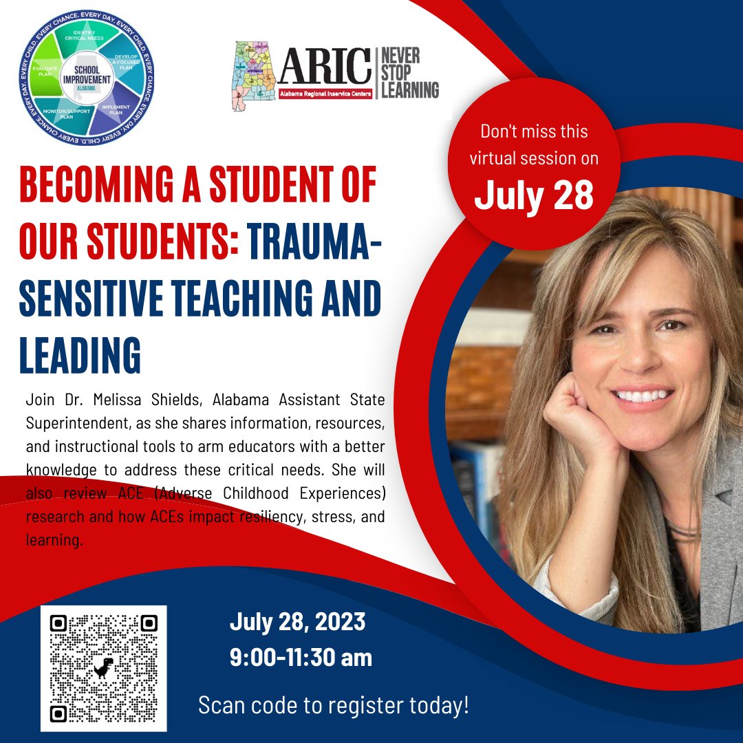 UA/UWA Regional Inservice Center (@uofaric) on Twitter photo We are so excited to have <a href="/mjshields/">Dr. Melissa Shields, NBCT</a> share her expertise with all regions! Join us for this virtual session on July 28 to learn more about trauma-sensitive teaching and leading. Use the code in the flyer to register! Credit will be awarded by your respective inservice center. We are so excited to have <a href="/mjshields/">Dr. Melissa Shields, NBCT</a> share her expertise with all regions! Join us for this virtual session on July 28 to learn more about trauma-sensitive teaching and leading. Use the code in the flyer to register! Credit will be awarded by your respective inservice center.