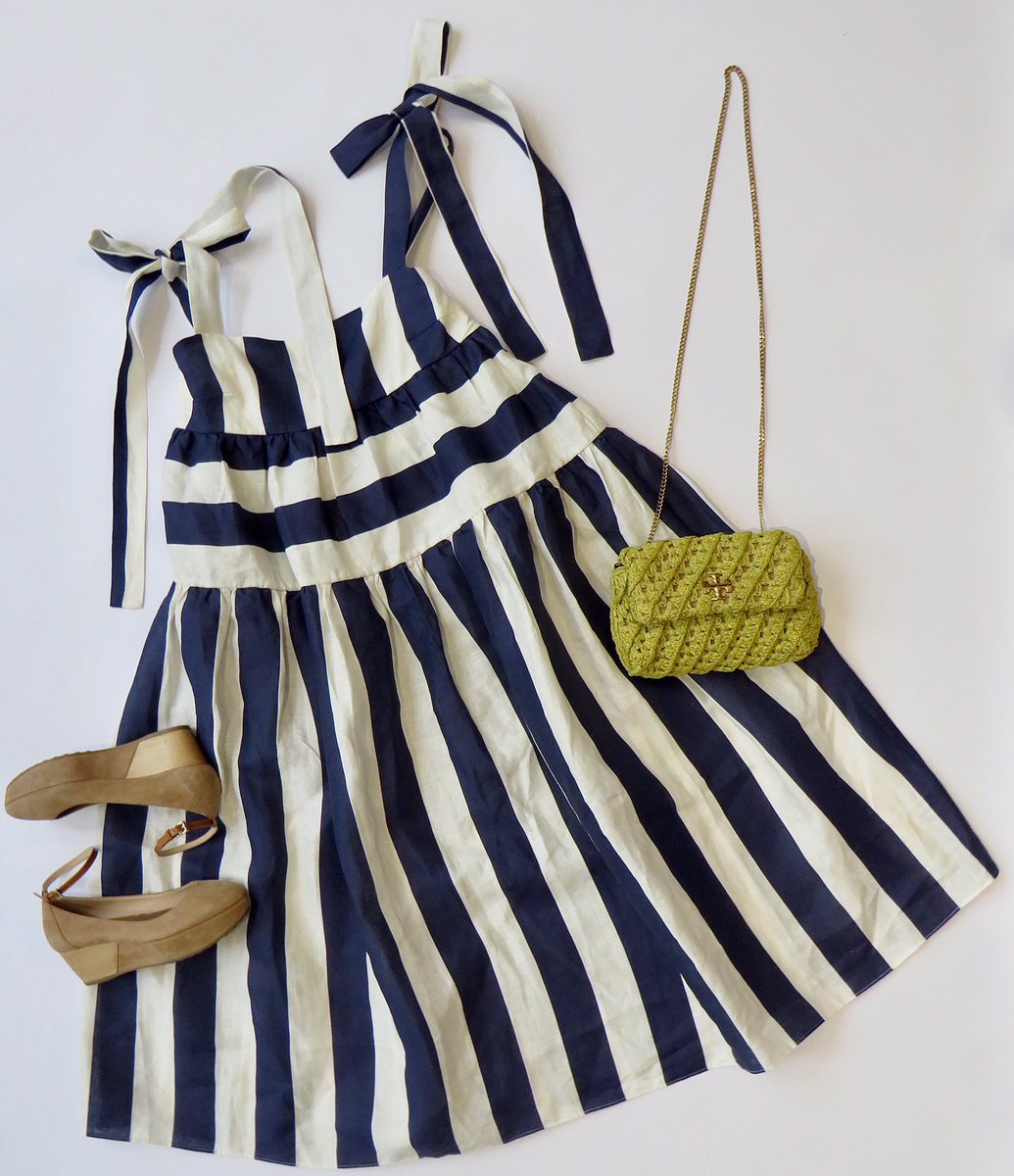 A bold navy and white stripe is a great summer staple 🤍🌞 #PaperLondon Laura stripe linens dress, £150, UK 8 🤍 #Tods beige suede wedges, £60, EUR 36.5 🤍 & #ToryBurch mustard Radford mini bag, £200 🤍 #ootd #designerdressagency #preloved #secondhandbutgrand #sustainablestyle