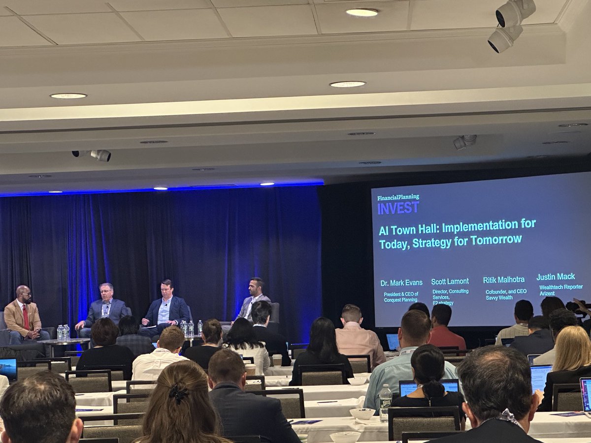 StreetCred_PR's tweet photo. Rockstar panel at #FPInvest as
industry trailblazers take the stage to opine on how #AI will transform the client experience. @SavvyWealthInc’s @RitikM,
@ConquestPlanInc’s Dr. Mark Evans and @F2_Strategy’s @lamonsa4 join @finplan’s @justinlmack 💥 https://t.co/udtt0h70vK