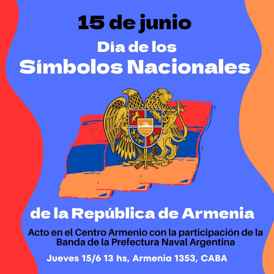 Este jueves en el Día de los Símbolos Nacionales de la República de #Armenia –bandera, escudo e himno- realizaremos un acto a las 13 con la participación de la Banda de la Prefectura Naval Argentina. Será transmitido en vivo desde nuestra página de Facebook.