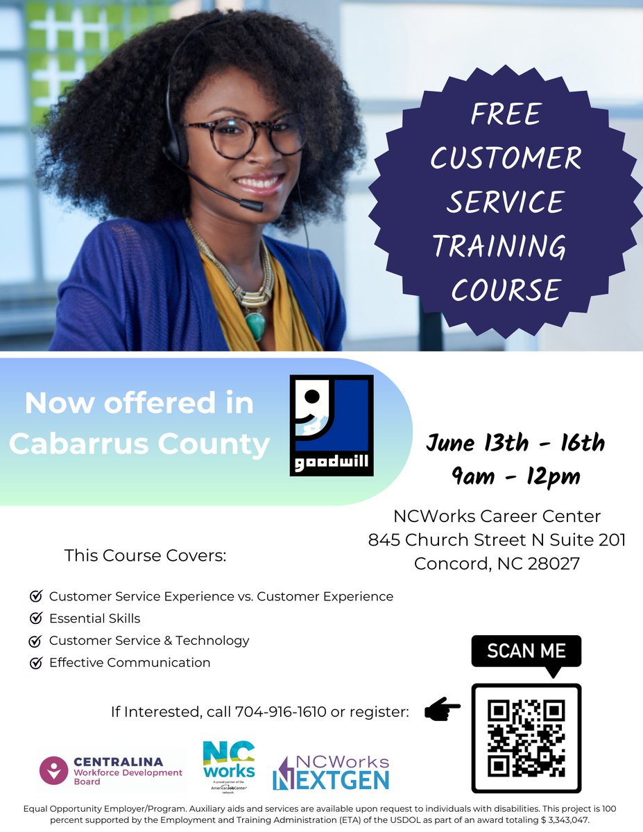 NCWorks Career Center-Cabarrus, led by Denisha Nesbitt, in partnership with Goodwill is holding a Free Customer Service Training today-Friday.  Upon completion, the 17 participants can attend job fairs organized by the Center. This is #PartnershipinAction #Goodwill #CustSvc