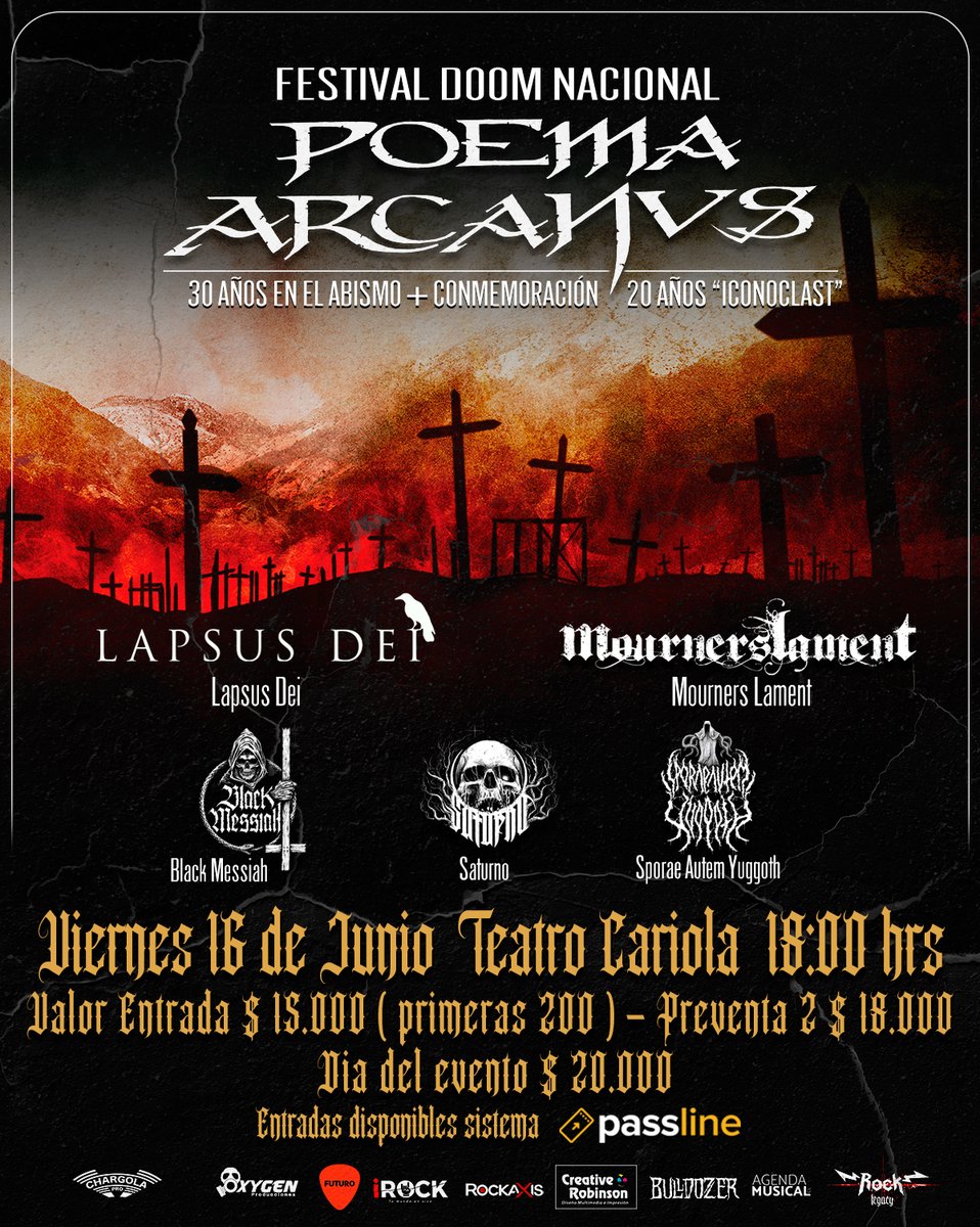 16 junio, celebración 30 años de Poema Arcanus

Los esperamos junto a Mourners Lament Black Messiah Doom Metal Chile Sporae Autem Yuggoth y Saturno

Tickets: passline.com/eventos/poema-…

#poemaarcanus #doomchile #teatrocariola #lapsusdei #iconoclast