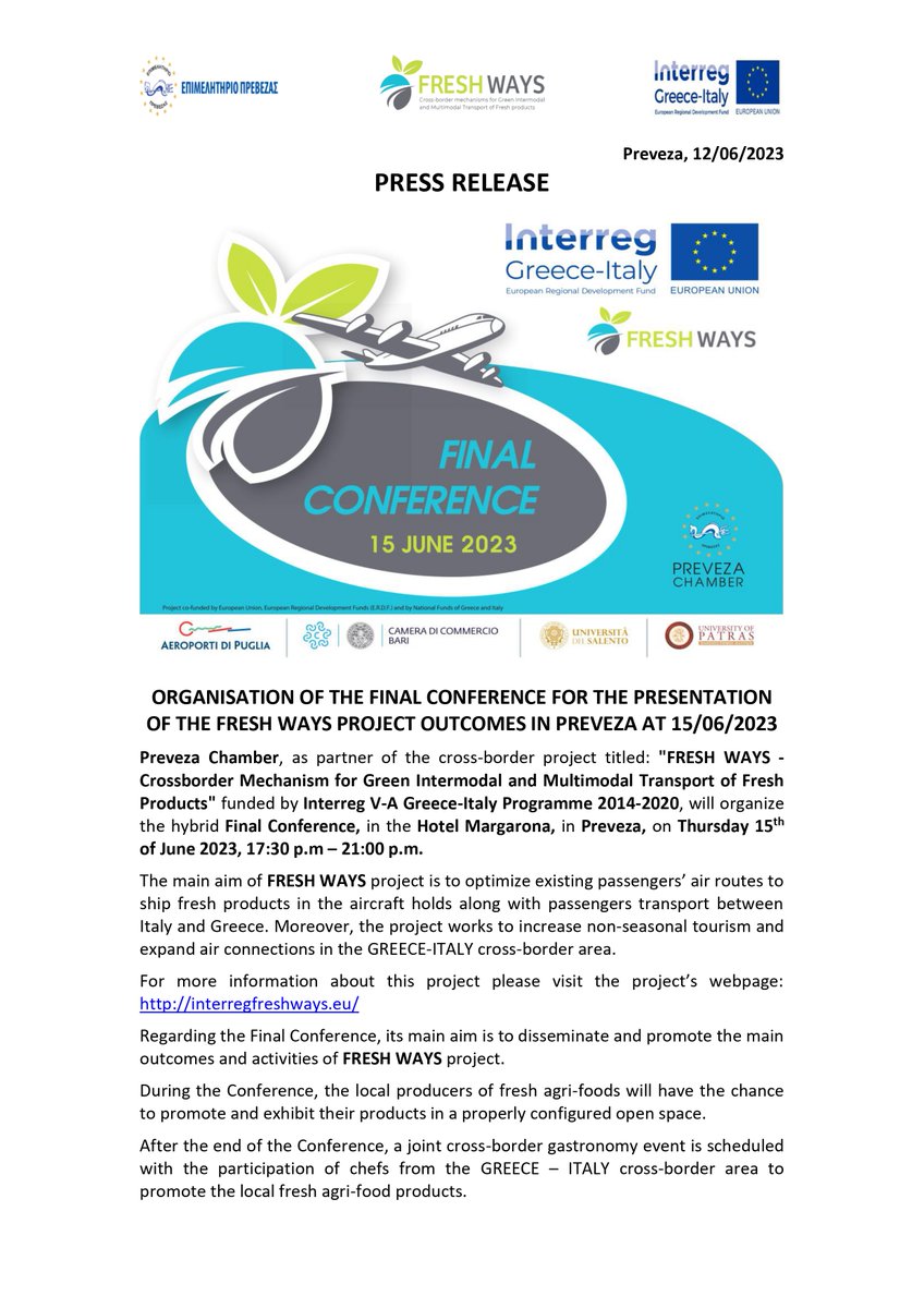 Interreg FRESH WAYS (@interreg_fresh) on Twitter photo 📢 Exciting news! Join us for the Final Conference of the "FRESH WAYS" project in Preveza on June 15th, 2023! 🌱🌍
📅 Date: June 15th, 2023
⏰ Time: 17:30 p.m – 21:00 p.m
📍 Location: Hotel Margarona, Preveza
<a href="/Interreggr_it/">Interreg Greece Italy</a>
#Freshways #InterregGreeceItaly #Interregfreshways 📢 Exciting news! Join us for the Final Conference of the "FRESH WAYS" project in Preveza on June 15th, 2023! 🌱🌍
📅 Date: June 15th, 2023
⏰ Time: 17:30 p.m – 21:00 p.m
📍 Location: Hotel Margarona, Preveza
<a href="/Interreggr_it/">Interreg Greece Italy</a>
#Freshways #InterregGreeceItaly #Interregfreshways