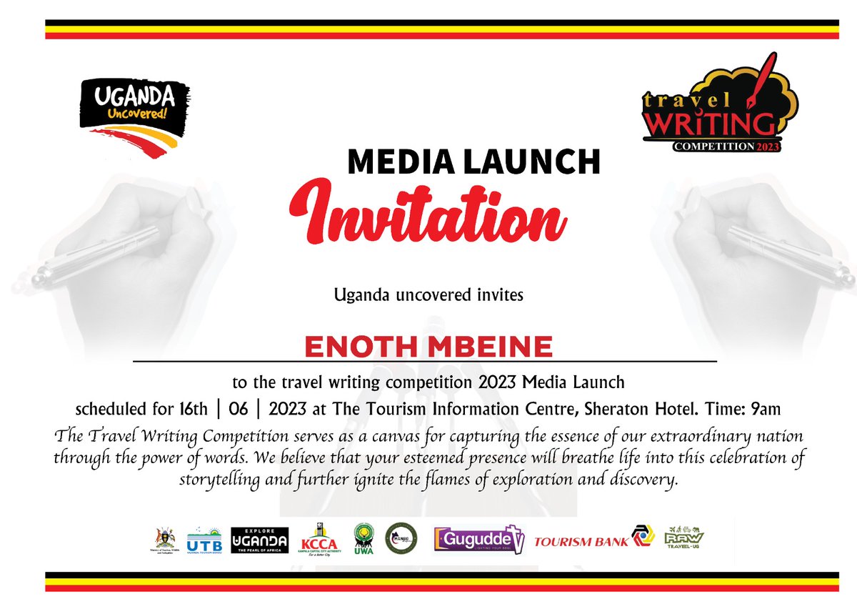 I will be there at #TravelWritingCompetition2023 media launch on 16th June 2023 at Sheraton Hotel Tourism Information centre organized by @UgandaUncovered. Event aims at interesting young people in touring UG!
#VisitUganda
@MTWAUganda
@TourismBoardUg
@DiscoverUG
@AllenNamisango