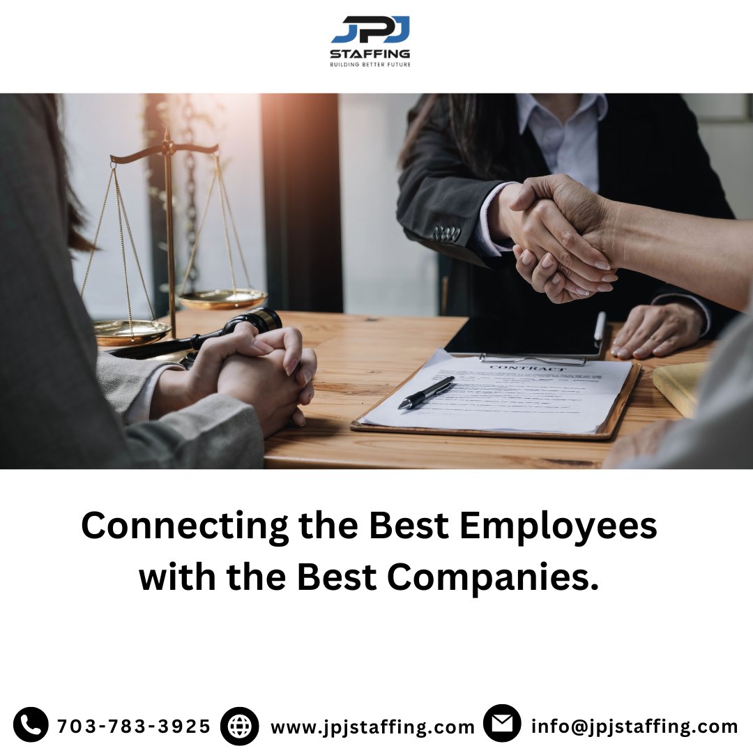 JPJ STAFFING, Bridging Talented Minds and Leading Organizations.
.
.
.
703-783-3925
jpjstaffing.com

#TalentMatch #recruitment #recruiting #staffing #staffingsolutions
#CareerAdvancement
#JobOpportunities
#HumanResources
#Recruitment
#Employment